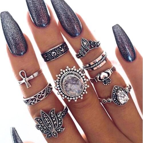 9Pcs/Set Bohemian Fashion Retro Zircon Rings for Women National Style Knuckle Ring