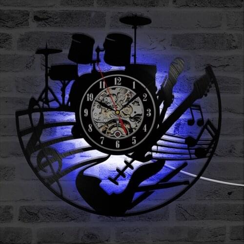 Acoustic Guitar Vinyl Record Wall Clock with 7 Color LED Color Change Musical Instrument Clock Wall Art Decor Birthday Gifts