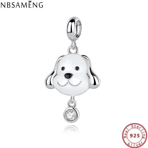 Authentic 925 Sterling Silver CZ Charms White Dog Charm Pendant Fit Original Bracelets DIY Women Jewelry