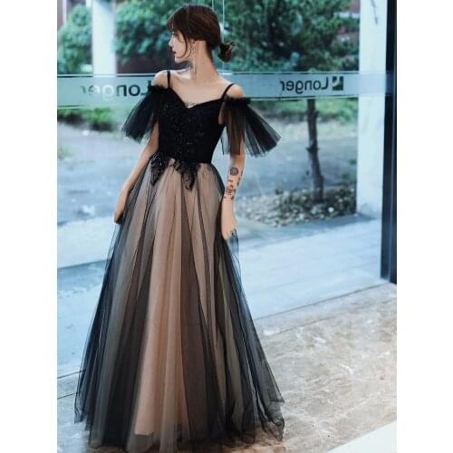 Black Exquisite Sequins Spaghetti Strap Tulle Prom Dresses 2021 Women Elegant Formal Party Long A-line Evening Gown Vestidos