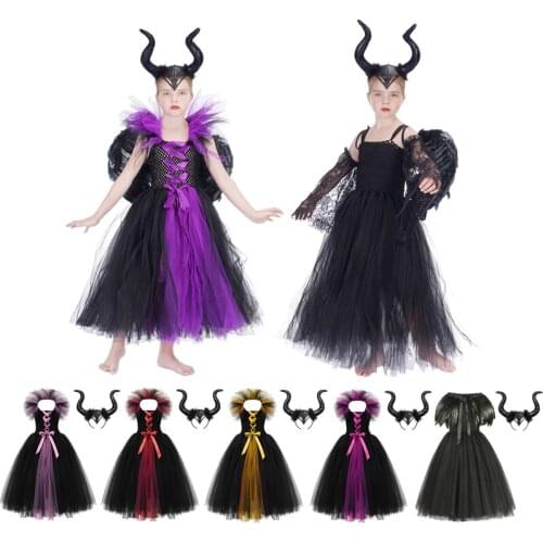 Disney Maleficent Dress Girls Witch 2 Tutu Dresses Headwear Wings Halloween Evil Queen Fairy Cosplay Costume Vestidos for Kids