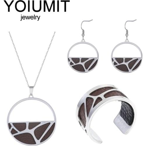 Cremo Stainless Steel Cuff Bracelet Interchangeable Leather Jewelry Set Necklace Bangles Earring Ring Set Female Christmas Gift