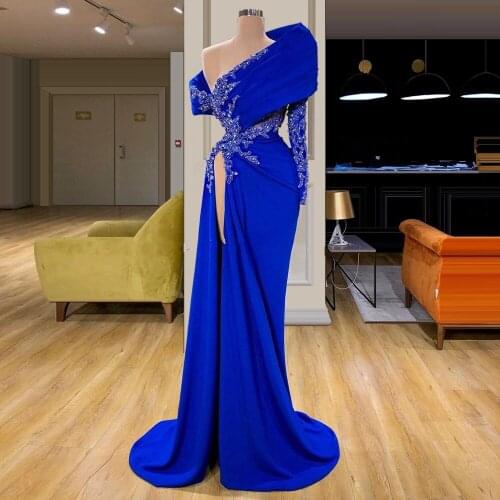 Royal Blue One Shoulder Prom Dresses Kaftans Beaded Party Dress Custom 2020 New Arabic Sexy High Split Side Women Evening Gowns