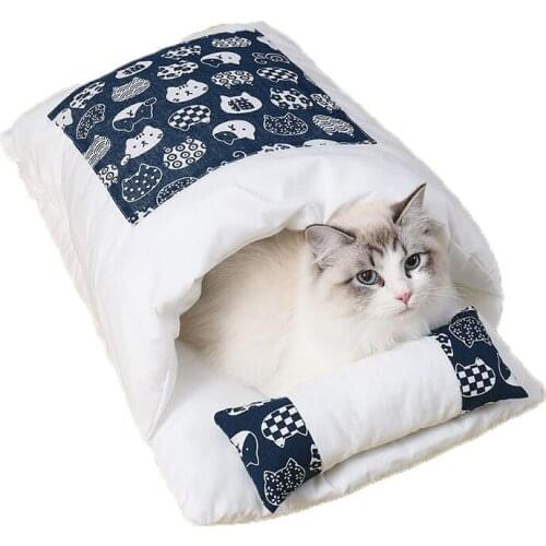 Japanese Cat Bed Warm Cat Sleeping Bag Deep Sleep Winter Removable Pet Dog Bed House Cats Nest Cushion With Pillow