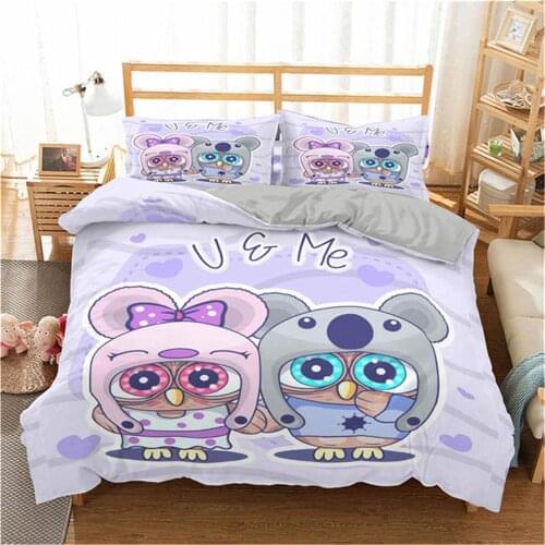 Cartoon Couple Owl Bedding Set Animal Quilt Cover Bed Sheet Pillowcase Full King Single Queen Size