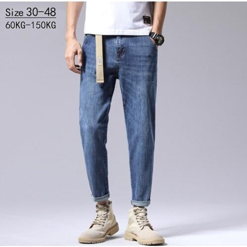 Spring Autumn Mens Vintage Blue Stretch Jeans High Quality Casual Regular Fit Denim Pants Male Trousers Large Size 42 44 46 48