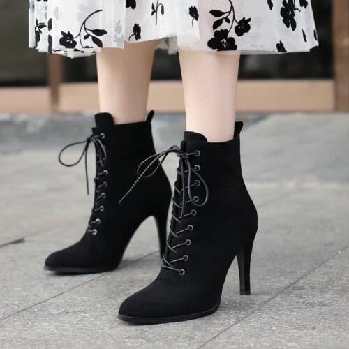 New Faux Suede Female Short Boots Spring Autumn Cross Tied Pointed Temperament Womens Shoes Warm Winter Thin High-Heel Boots