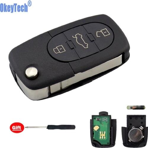 OkeyTech for Audi A3 A4 A6 A8 Remote Key Case Flip Folding HU66 Uncut Knife Blade 4D0837231A 3 Button 433mhz ID48 Glass Chip