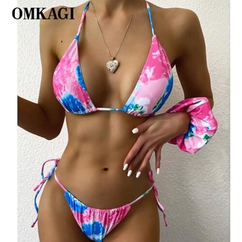 OMKAGI Bikini Bandage Swimsuit Tie Dye Swimming Bathing Suit Beachwear Brazilian Sexy Printing Micro Bikinis Set Swimwear Women