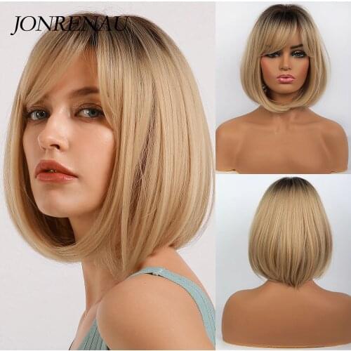 Jonrenau Short Straight Dark Root Ombre Blonde Synthetic Wigs with Bangs for Women Bob Wig Heat Resistant Lolita Cosplay Wig