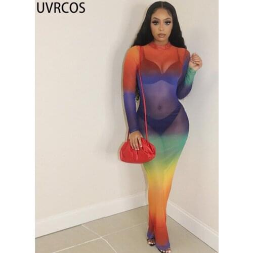 UVRCOS Elegant Dresses For Women Summer New Arrival Long Sleeve Mesh Rainbow Multi Tie Dye Club Partynight Bodycon Midi Dresses