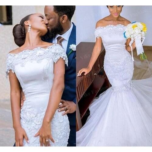 Romantic South African Black Girls Wedding Dresses Lace Appliques Off The Shoulder Mermaid Bridal Gowns Vestidos Court Train