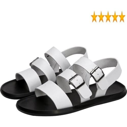 Summer Men Leather Sandals 2021 Open Toe Casual Shoes Outdoor White Soft Sole Beach Gladiator Sandalias Hombre Buckle Strap
