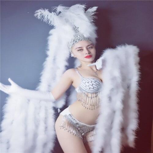 EC50 Singer stage costumes dj dress clothe party wears feather headdress female sexy bodysuit slim bikini diamonds bra headwear