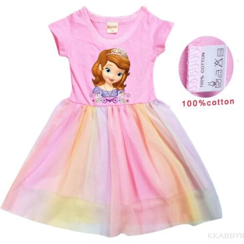 Princess Sofia Girls Mesh Dress Summer Short Sleeve Cotton Skirt