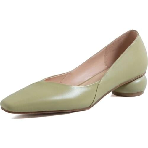 SmallHut New Spring Women Pumps Fashion Ladies Genuine Leather Brown Beige Green Elegant Woman Square Toe Low Round Heels M036