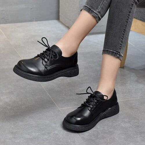 YourSeason Ladies Vintage Genuine Leather Shoes 2021 Spring Autumn Lace Up Handmade Concise Women Shallow Casual Pumps