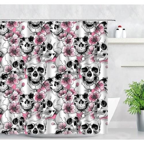 Floral Skull Shower Curtains Pink Flowers Skeleton Halloween Creative Decor Bathroom Waterproof Fabric Bathtub Curtain With Hook