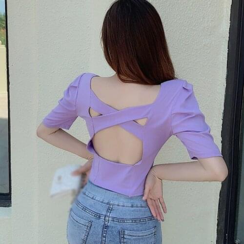 Womens Knitted t-Shirt T-Shirt Summer U-Neck Sexy Hollow Out Backless Short Sleeves T-shirts Tops