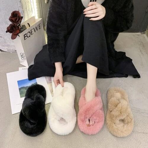 2021 Winter Women Fur Slippers Fashion Cross Band Warm Plush Ladies Fluffy Shoes Cozy Open Toe Indoor Fuzzy Slides for Girls