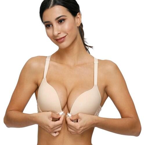 YANDW Women Bra Lace Embroidery Hollow Front Closure Nude Sexy Push Up Padded Bras Y-line Strap Flexible Bra For Women