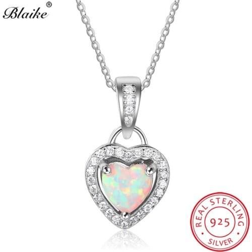 Blaike Romantic White Fire Opal Heart Pendants Fine Jewelry Genuine S925 Sterling Silver Zircon Birthstone Necklace Women Gifts