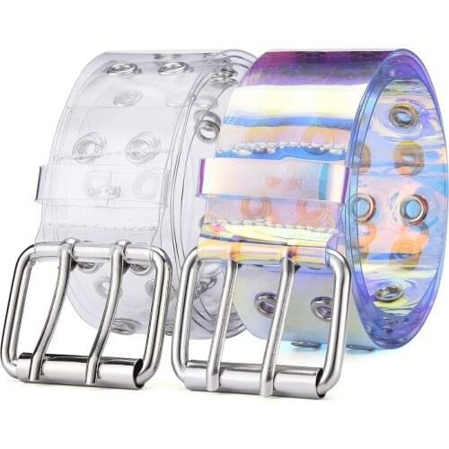 2022 Transparent Two Row PVC Belt Women Fashion Laser Invisible Square Pin Buckle Multihole Dazzling Belts For Ladies Waistband