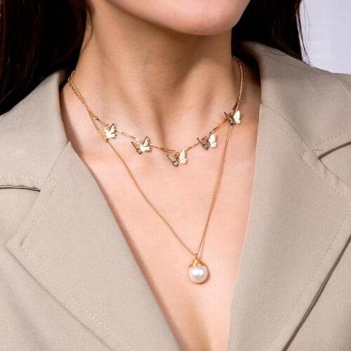 Luxury Women Faux Pearl Butterfly Multilayer Choker Chain Necklace Party Jewelry New Design Jewelry Gift
