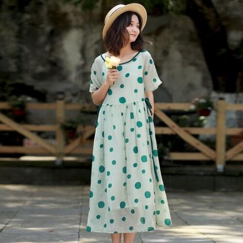 Women Loose Dot Printed Tencel Dress Ladies Summer Short Sleeve Dresses Female 2021 Dresses