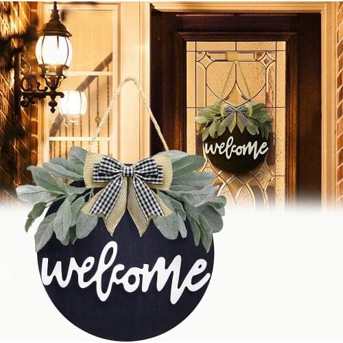 2021 Welcome Sign Wreath Front Door Hanger with Bow Round Outdoor Hanging Vertical Sign Artificial Flower Leaf Home Decoration