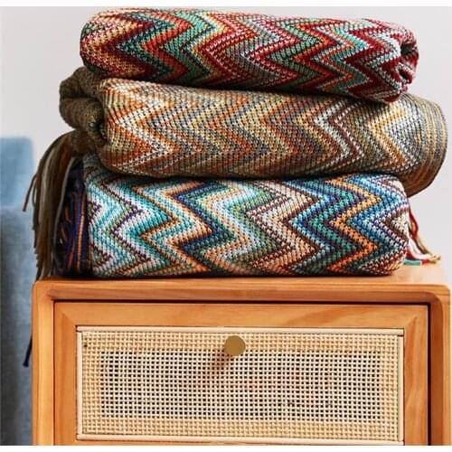Acryl Hand Knitted striped Blanket with Tassel Summer Blankets for Bed Sofa Decorative Blankets Bohemian Soft Blanket Throw