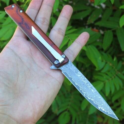 Free shipping New style high-end Natural blood Red wood handle Damascus steel knife outdoor folding knife