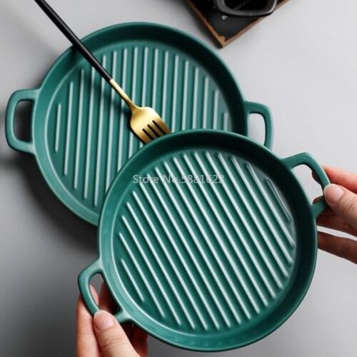 Binaural Baking Dish Round Ceramic Dinner Plates Baking Cake Pans Cheese Baking Dish Tray Dishes Microwave Oven Plate Tableware