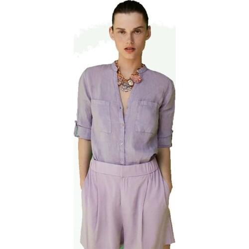 Nlzgmsj Za Women Fashion Purple Pockets Linen Blouses Vintage Female Long Sleeve Buttons Shirts Casual Chic Tops 202108