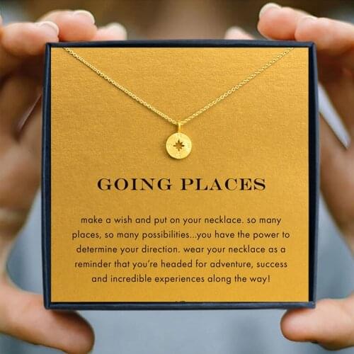 Icareu Compass Pendant Necklaces Gold Round Going Places Alloy Short Choker Chain Wish Card Jewelry Party Gift Box Velvet Bags