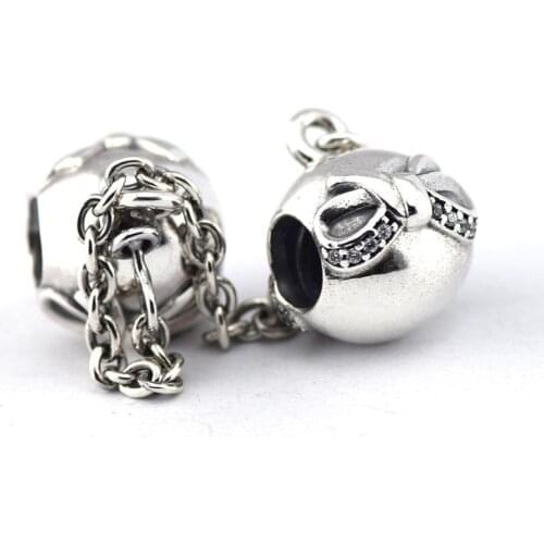 CKK 925 Sterling Silver Clear CZ Dainty Bow Safety Chain Beads for Jewelry Making Fits Original Bracelet Berloque Argent