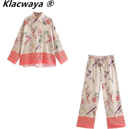 Klacwaya Women 2021 Fashion Floral Print Two-Piece Loose Asymmetric Blouses Vintage Female High Elastic Waist Straight Pants Set