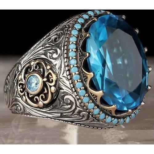 Silver Plated Craftsman Inlay large Navy Cubic Zircon Stone Finger Ring Metal Ring For Women Men Exaggerated Anniversary Gift