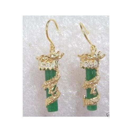 Beautiful 20*9mm green Natural jade 18k dragon plated earring