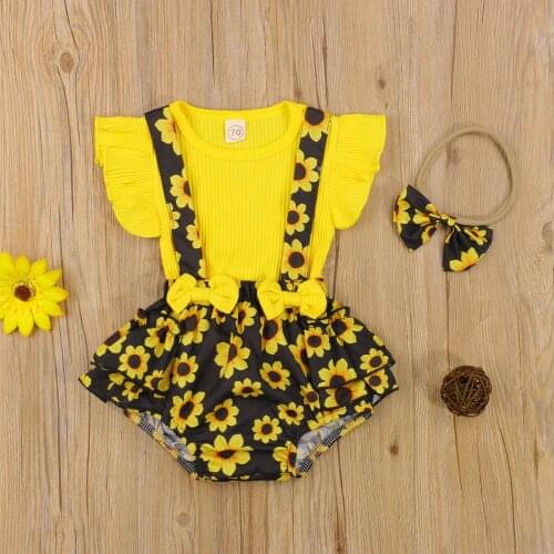 3Pcs Newborn Summer Outfits Baby Girl Clothes Ribbed Fly Sleeve Round Neck T-shirt Flower Print Suspender Pants Bowknot Headband