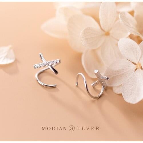 Modian Authentic 925 Sterling Silver Simple Slim Stud Earrings for Women Shiny Zricon Letter Cross Shape Fashion Fine Jewelry