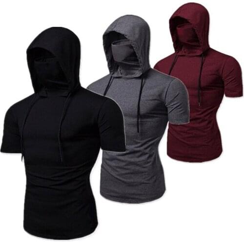 Fashion Summer Mens T-shirt Personality Stretch Ninja Suit Hooded Casual Short-sleeved Men T-shirt Mask Suit