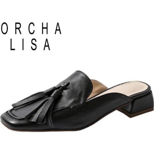ORCHA LISA 2021 Comfort Plus Leisure Ladies Slippers Mules Tassel Square Toe Slingbacks 3cm Chunky Heel US10 11 Beige A4325