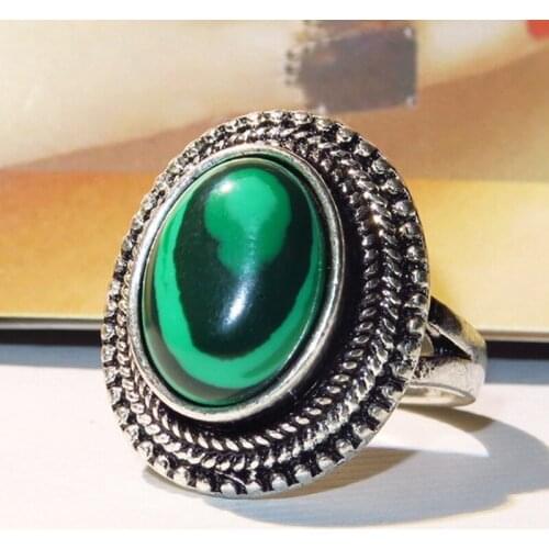 Oval Malachite Rings for Women Antique Silver Plated Rhinestone Plum Flower Vintage Fashion Jewelry