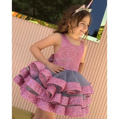 Flower Girl Dress With Bow Flashy Knee-Length Cute Kids Birthday Party Gowns Custom Made Ruffles