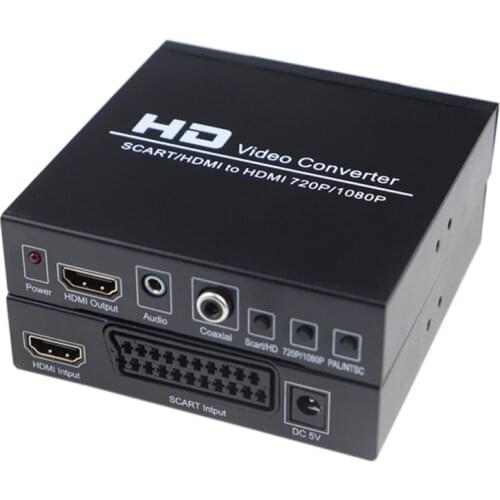 PAL/NTSC SCART + HDMI to HDMI Video Converter Box 1080P Upscaler with 3.5mm Coaxial Audio Output For Game Console, DVD, STB