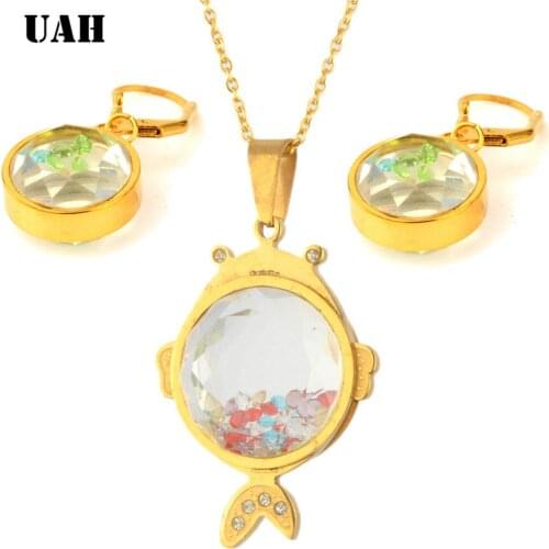 UAH Romantic Stainless Steel r Link Chain Cute Crystal Fish Pendant Jewelry Set For Women Choker Wedding Jewelry Set