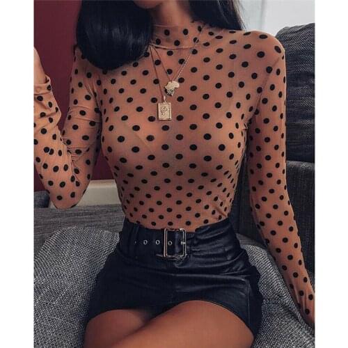 Sexy Mesh See through Polka Dot Print T-shirt Fashion 2020 Spring Women Long Sleeve High Neck T-shirt Party Club Top Tees Blusas