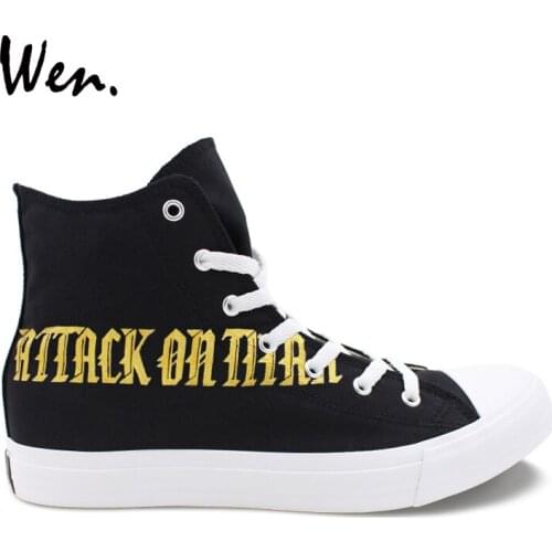 Wen Black High Top Canvas Sneakers Design Attack on Titan Hand Painted Anime Athletic Shoes Men Gym Shoes Plimsolls Women