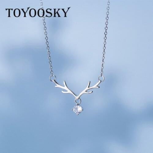 Christmas Design 925 Real Sterling Silver Zircon Elk Deer Antlers Pendant Necklace for Women Adjustable Link Chain Animal Jewelr